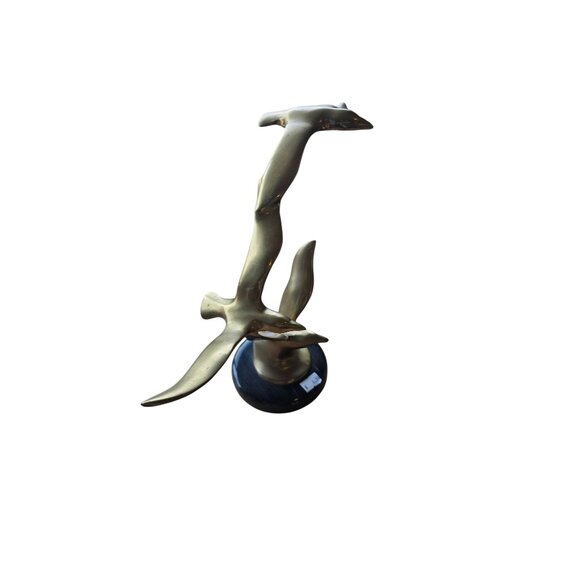 Vintage Mid Century Brass Birds in Flight Sculpture on Marble Base 10\